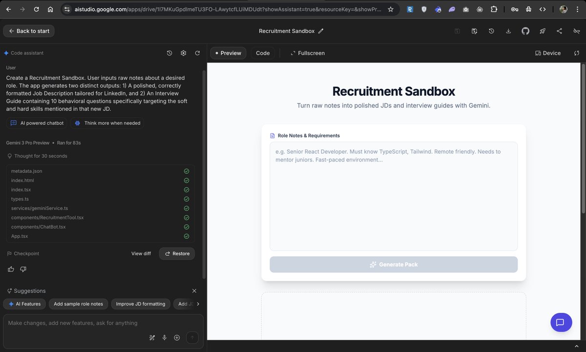 harshith's tweet image. Google just launched AI Studio for code generation.

Which tells you everything about the future of Lovable, Bolt, and every other web-based "vibe coding" tool.

They're all just wrappers around the same models. And when Google can spin up a competitor in an afternoon, you don't…