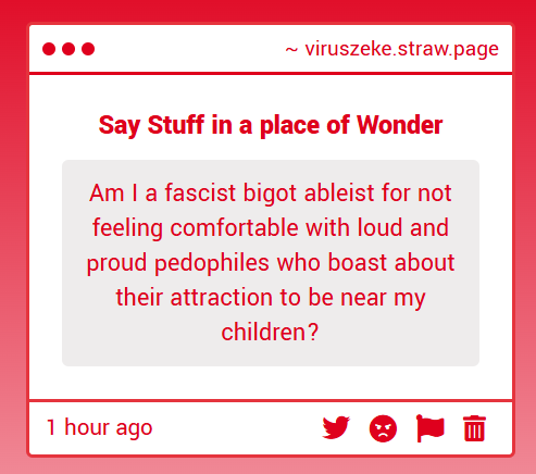 VirusZeke's tweet photo. No one agrees with loud, proud pedophiles either, anon. But mocking pedophilic disorder will still make you ableist. https://t.co/2RXJDq2PTl