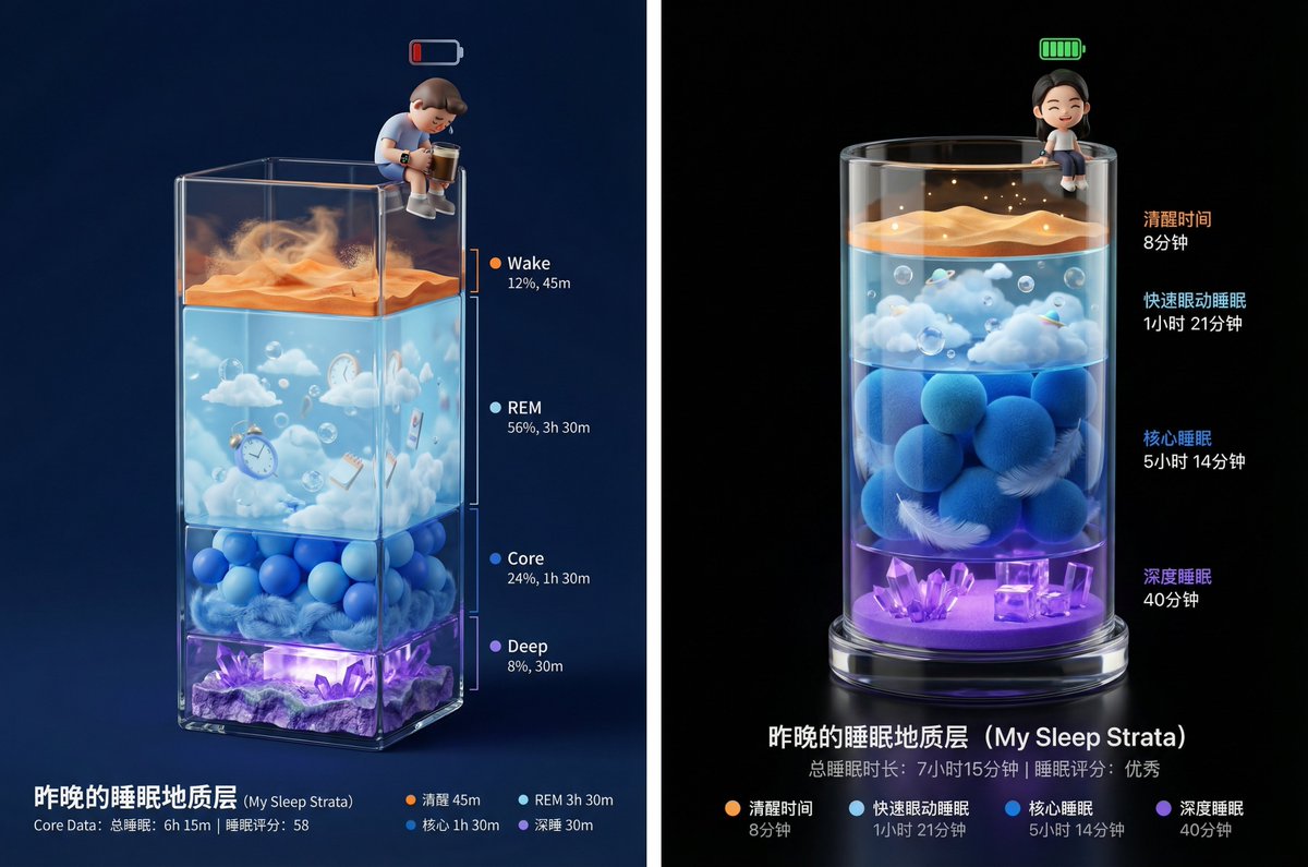 Nana Banana Pro 提示詞,這個超好玩!
可愛的睡眠報告海報(Sleep Report Poster)
將提示詞和睡眠數據截圖發給Nana Banana 就行,Q 版小人和每層高度會根據你的數據變化。
如果想小人更想你自己