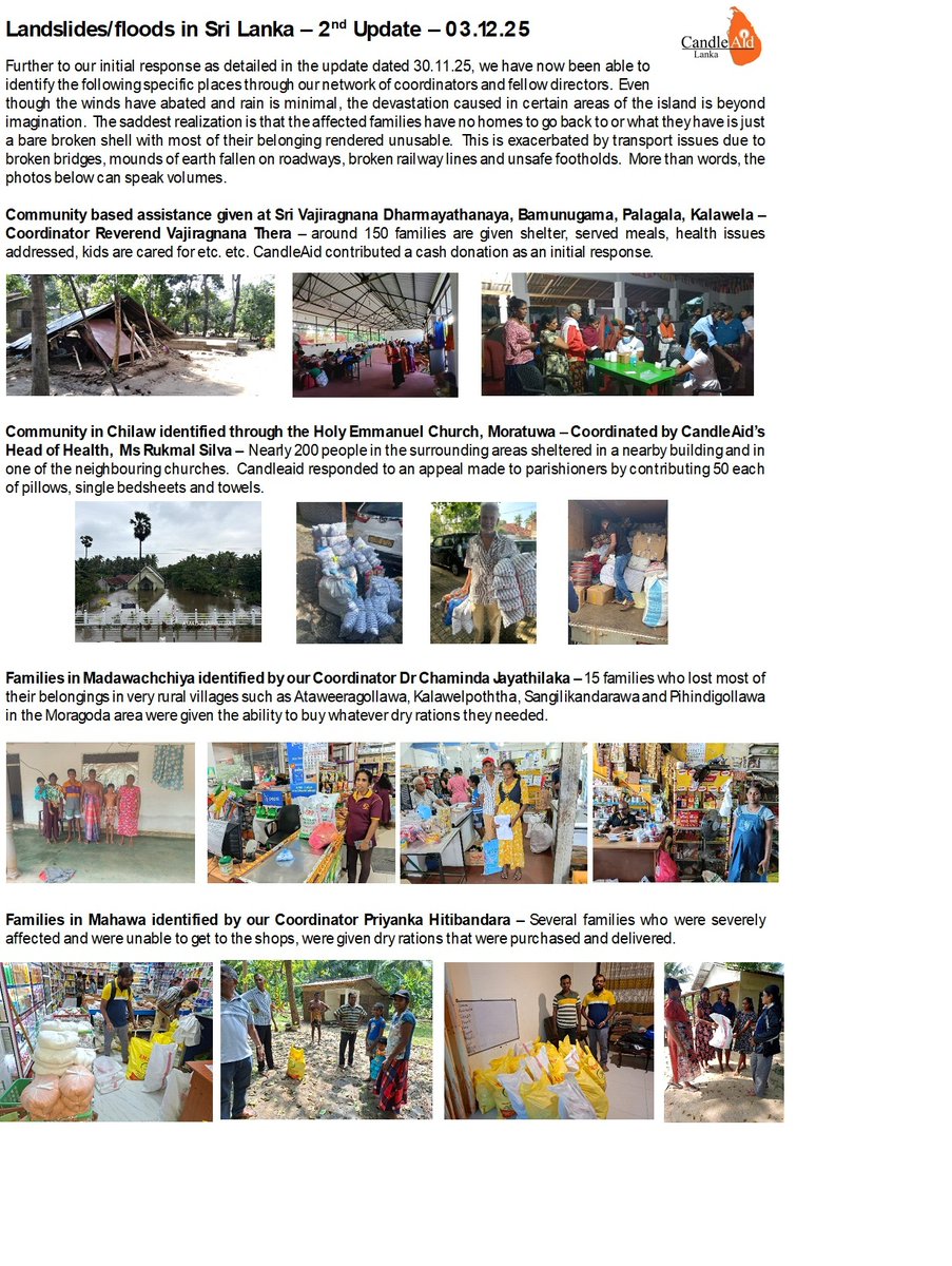 razeensally's tweet photo. An update on Candle Aid activities to provide assistance to Sri Lankans affected by Cyclone Ditwah and its aftermath. See below for details from seven locations. The scale of destruction is increasingly apparent and we are expanding our range of coverage daily. https://t.co/iyJazbJSZc
