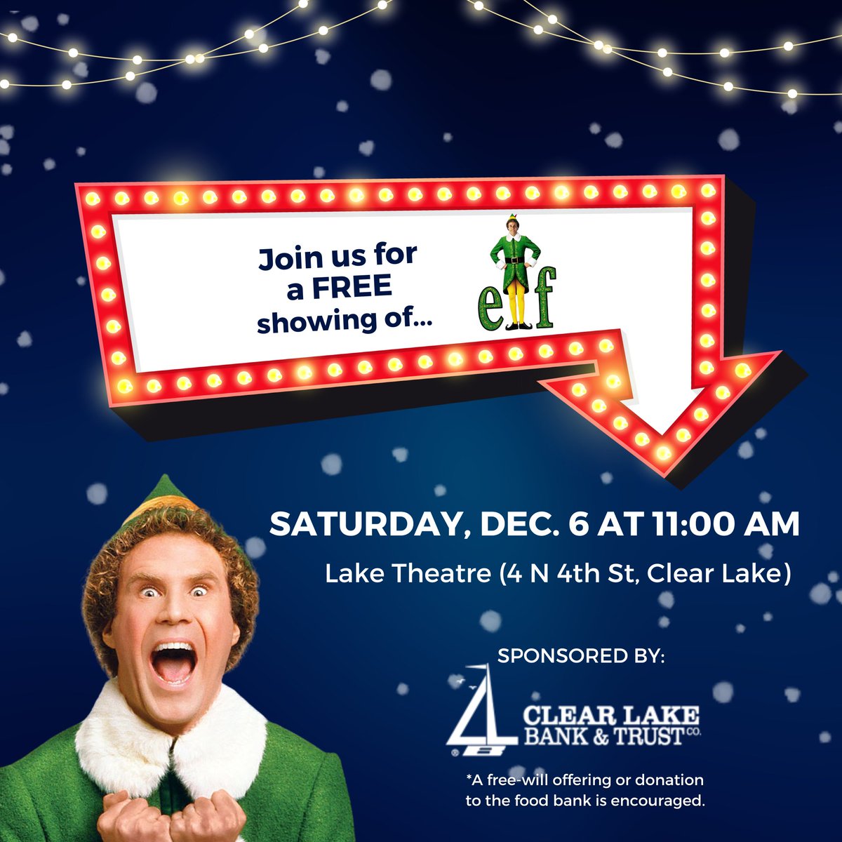 Join us for a FREE showing of "Elf" TODAY, December 6th at 11AM. Hope to see you there!