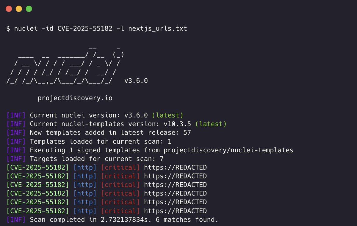 pdnuclei's tweet image. Scanning for CVE-2025-55182 using @pdnuclei 🚨

If you&apos;re running Next.js / React, scan your apps now.

Nuclei Template - cloud.projectdiscovery.io/library/CVE-20…

Vulnerability Advisory - react.dev/blog/2025/12/0…

#nextjs #cybersecurity #react2shell