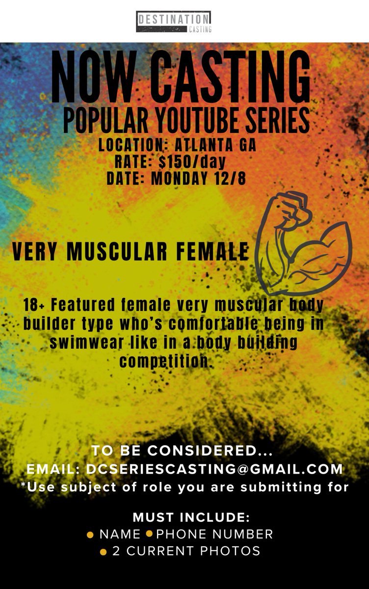 CastDestination's tweet image. NOW CASTING
LOCATION: ATLANTA GA
RATE: $150/day
DATE: MONDAY 12/8

18+ Featured female very muscular body builder type who’s comfortable being in swimwear like in a body building competition:
TO BE CONSIDERED.
DCSERIESCASTING@GMAIL.COM
