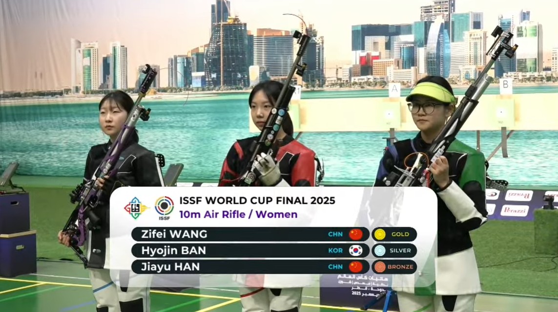 🏆 ISSF World Cup Final 2025 – 10m Air Rifle Women (Doha, QAT)
Asian athletes dominated the opening Day                                       Final Results – 10m Air Rifle Women
🥇 Zifei Wang (CHN)
🥈 Hyojin Ban (KOR)
🥉 Jiayu Han (CHN)

 ASC congratulates all medal winners