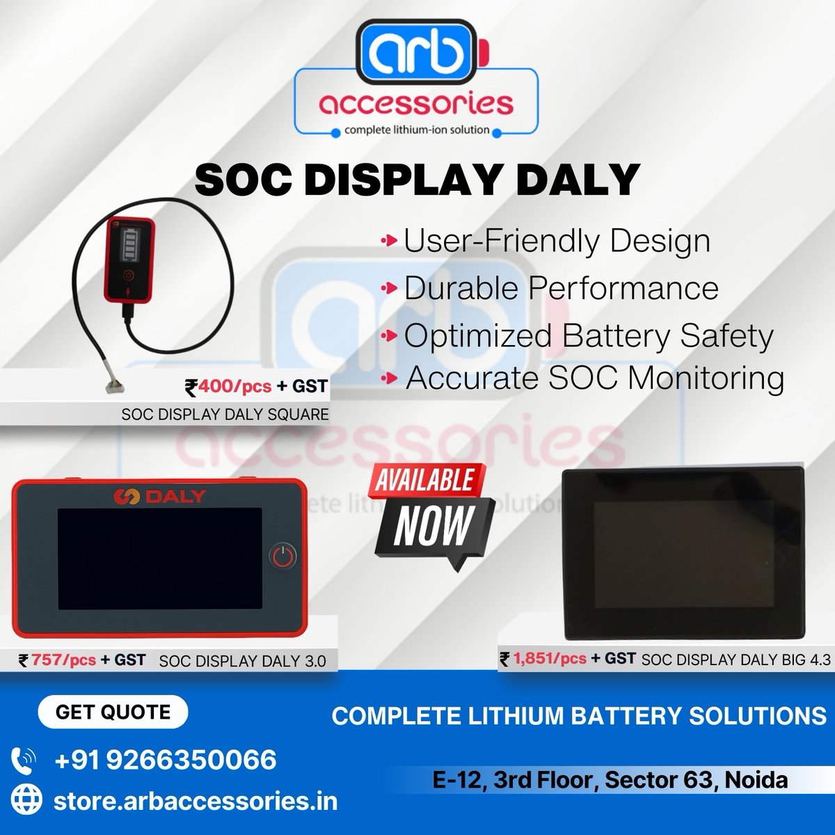 arb_ltd's tweet image. 🔋 Battery SOC ⚙️

🔹 Battery Indicator (Digital)
🔹 SOC Display DALY (Square)
🔹 SOC Display DALY 3.0 – Enhanced 
🔹 SOC Display DALY Big 4.3 – Large 4.3

🛒 Buy Now:
store.arbaccessories.in/category/batte…

#Arbaccessorie #BatteryIndicator #SOCDisplay #DALY #EVComponents #BatteryMonitoring