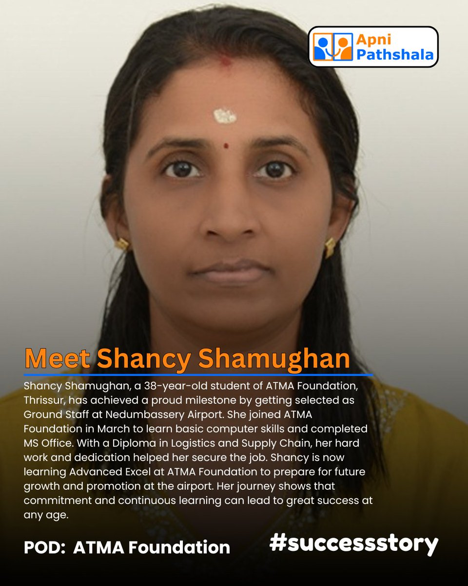 apnipathshala_'s tweet image. Age is never a barrier when the dedication is real.
Shancy Shamughan, a 38-year-old learner from ATMA Foundation (Thrissur), learned MS Office, built her skills, and was selected as Ground Staff at Nedumbassery Airport.
She’s already learning Advanced Excel for her next step.…