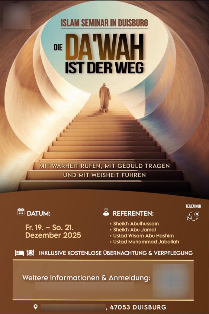 luk_bre's tweet image. In einer Moschee in #Duisburg findet im Dezember ein mehrtägiges Seminar statt, bei dem mehrere bekannte #Salafisten-Prediger aus Deutschland (u.a. aus #NRW) auftreten werden. In der Einrichtung sind bereits seit Jahren regelmäßig #islamistische Prediger zu Gast.