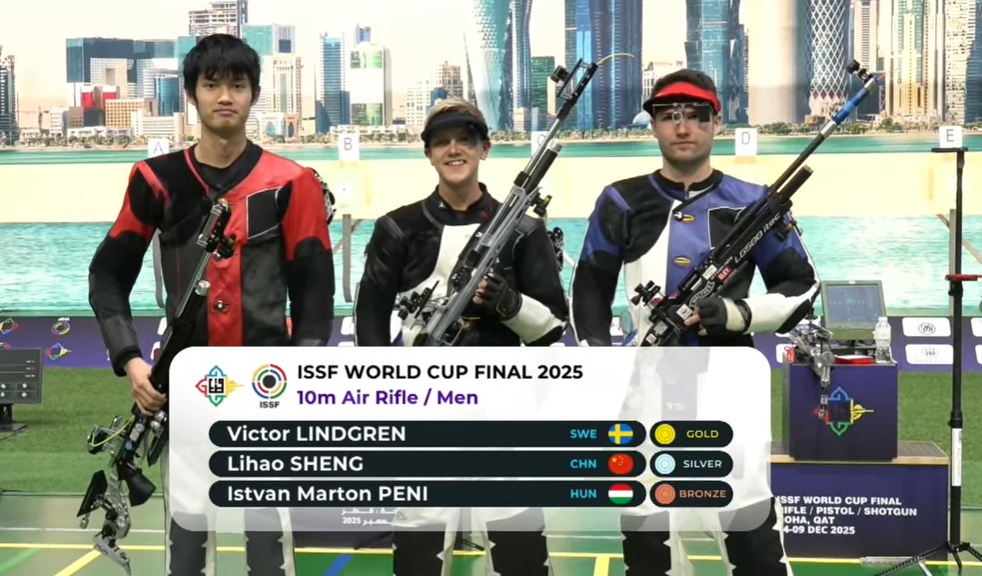 🏆 ISSF World Cup Final 2025 – 10m Air Rifle Men (Doha, QAT)
An impressive final with world-class performances on the firing line
Final Results – 10m Air Rifle Men
🥇 Victor Lindgren (SWE)
🥈 Sheng Lihao (CHN) 🇨🇳✨
🥉 Istvan Marton Peni (HUN)

 ASC congratulates all medal winners