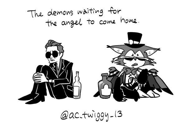 エンジェルの帰りを待つ悪魔2匹。
The demons waiting for the angel to come home.
#HazbinHotelFanart #GoodOmensFanart