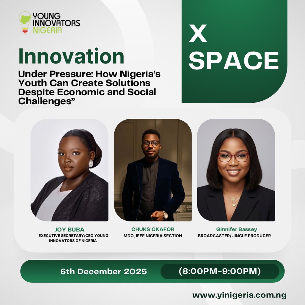 Nigeria’s youth are building solutions under pressure  now let’s talk about how.
Join us tonight on X Space, hosted by the Young Innovators of Nigeria, as we discuss innovation, resilience, and the power of young minds to transform challenges into opportunities.

Featuring