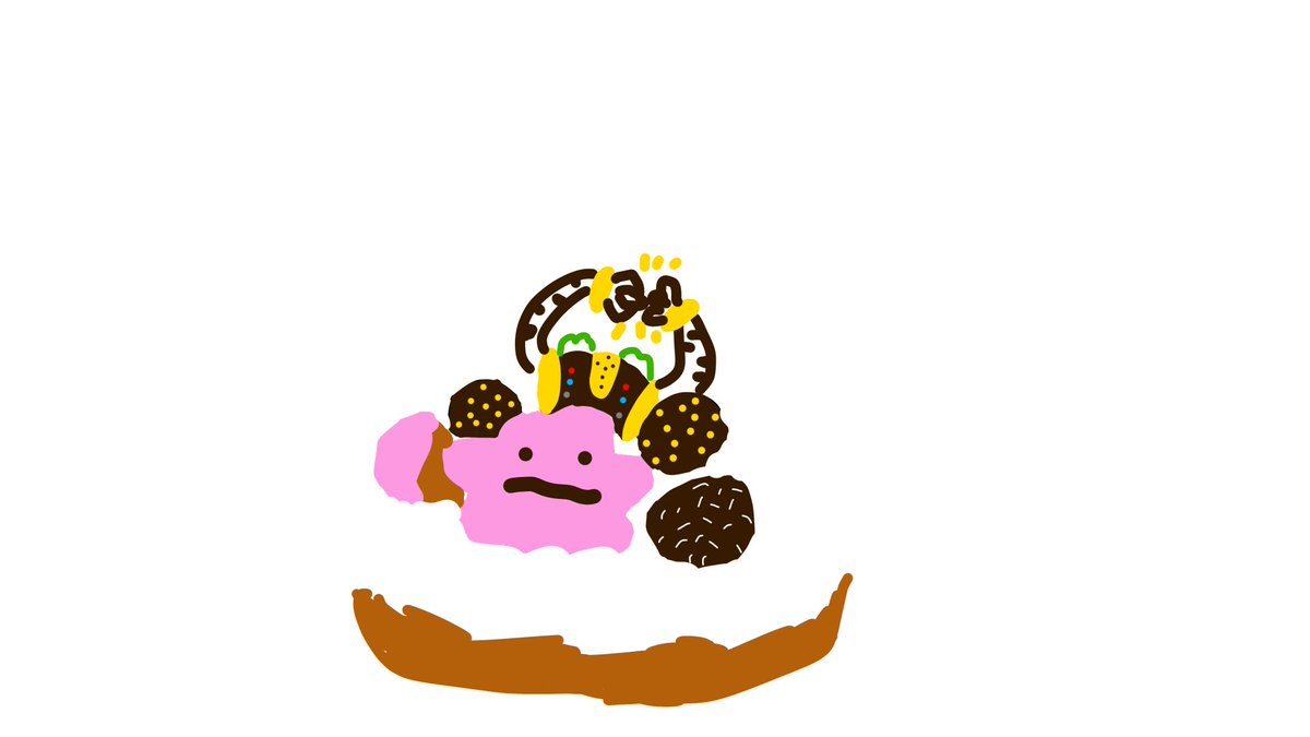 すいません、スタートです！

メタモンのドーナツツリー食べながらお話しましょ〜

模写こんな感じです、少々筆が乗りすぎたかもですが、概ね合ってると思います