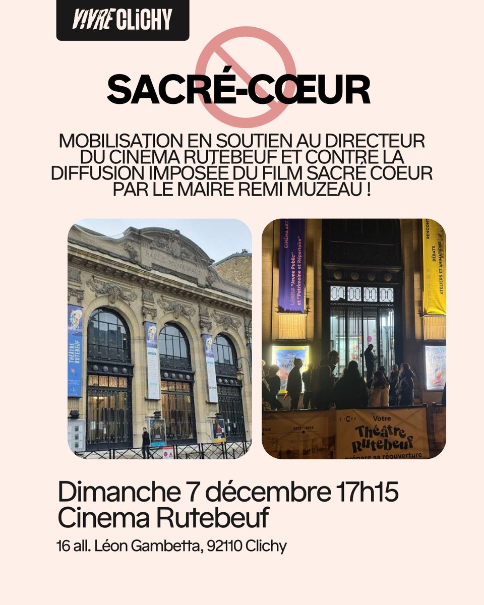 Nous serons mobilisés en soutien au directeur municipal du cinéma Rutebeuf qui a démissionné suite aux pressions exercées par le Maire Rémi Muzeau pour la projection forcée du film Sacré-Cœur, film très critiqué pour son caractère prosélyte.