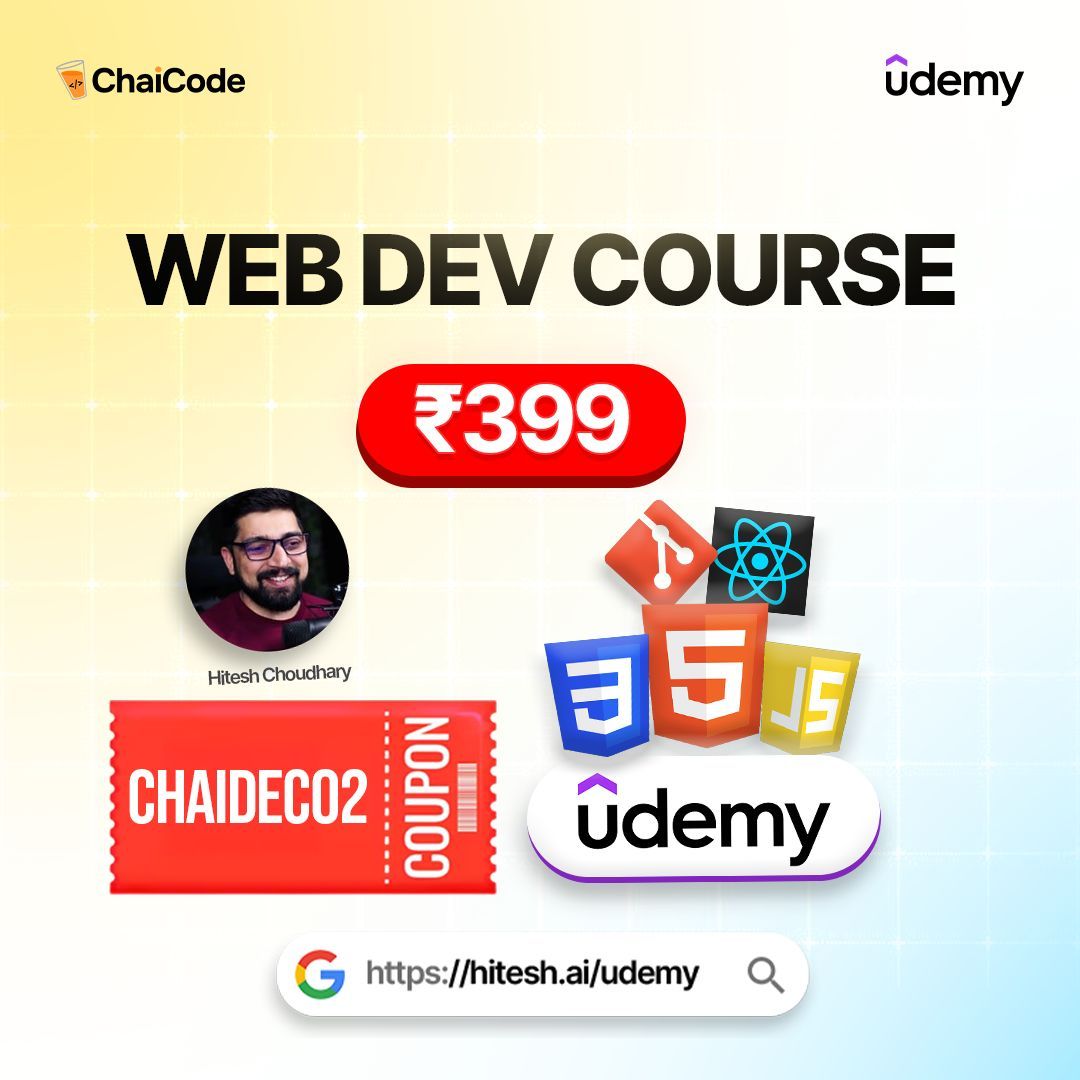 Hiteshdotcom's tweet image. 🚀 Kickstart your Web Development journey at just ₹399! 💻✨

Get &quot;Complete Web Development Course&quot; on Udemy with this exclusive coupon! 🔥

🎟️ Code: CHAIDEC02    
⏳ Valid for 5 days only!

Don’t miss out—enroll now! 

#WebDevelopment #UdemyCourse #LearnToCode #HiteshChoudhary…