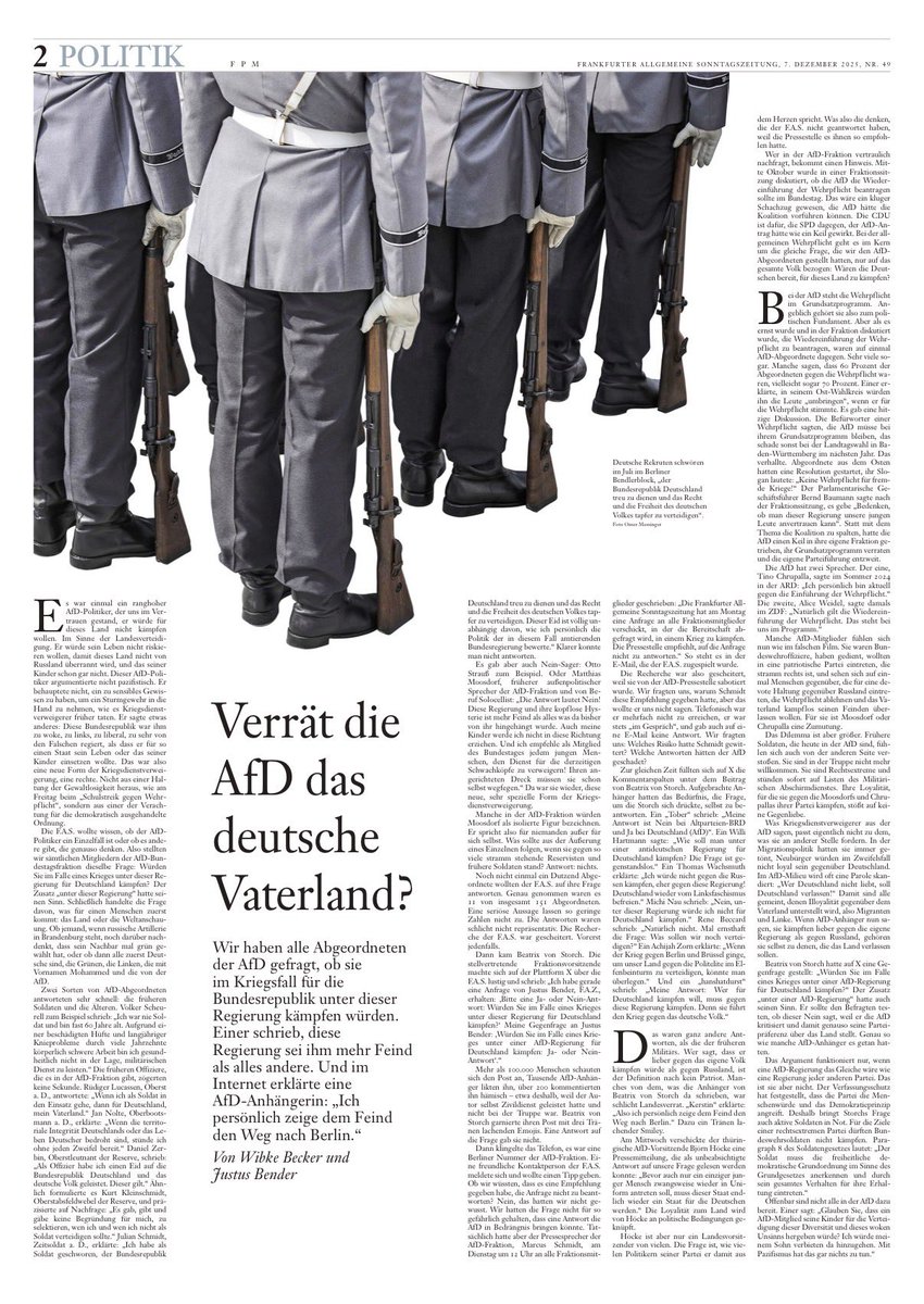 Bin ein Freund klarer Sprache.

Wer als Soldat die AFD unterstützt, der unterstützt eine Partei, die mit dem Feind kooperiert. So klar muss man es aussprechen. Die reisen nach Russland und tauschen sich mit der russischen Staatsspitze aus.
