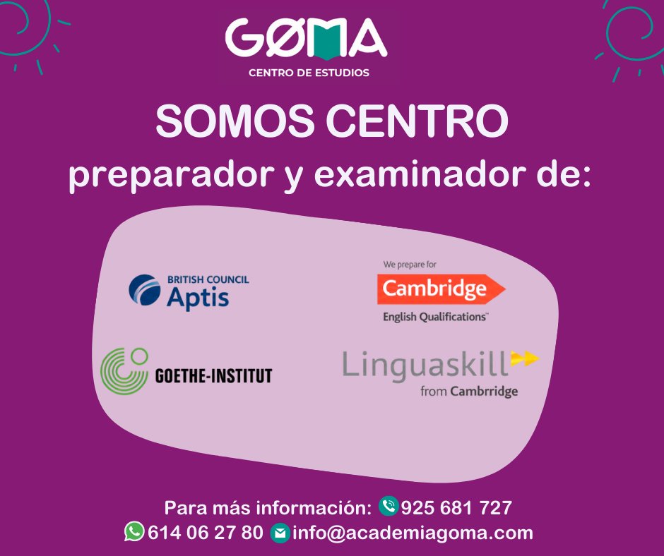 🚀 ¿Necesitas certificar tu inglés o alemán? En @academiagoma somos centro preparador y examinador oficial de:
• #Cambridge
• #Aptis (British Council)
• #Goethe-Institut
• #Linguaskill
📅 Prepárate con expertos.
📞 925 681 727
📱 614 06 27 80
✉️ info@academiagoma.com