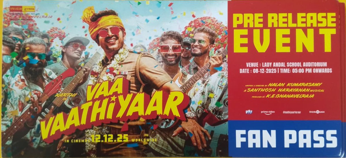 Neels_Karthi's tweet photo. • Our @Karthi_Offl Anna’s #VaaVaathiyaar Pre-Release Event is happening this Monday (08.12.2025) at 5 PM! 🔥

Join us at the Lady Andal School Auditorium for an unforgettable evening. ❤️

Don’t miss this grand celebration! 🥳

#Karthi #MrVersatileKarthi https://t.co/WMCzCAMc0r
