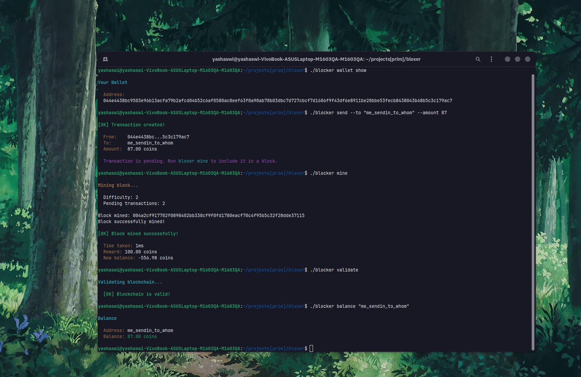 pixperk's tweet image. wrote a basic blockchain node this afternoon. no merkle trees. no p2p. just the fundamentals.

crypto, mining, validation. readme explains it all (repo in links). 

it&apos;s even got a nice cli.

this was just a lil warm-up.