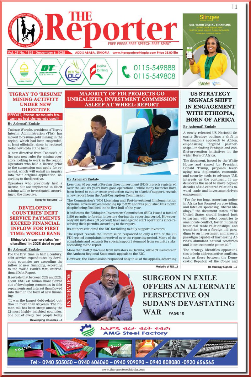 EthioReporter's tweet photo. Unpack the week's most important stories with the latest print edition of The Reporter, now available!
Don't miss out! Grab your copy today.
Prefer to read online? Find the digital edition here: https://t.co/xBUUNO4fs5
#EthiopiaNews #TheReporter #InDepthReporting #WeeklyNews https://t.co/HnLquwD7yB