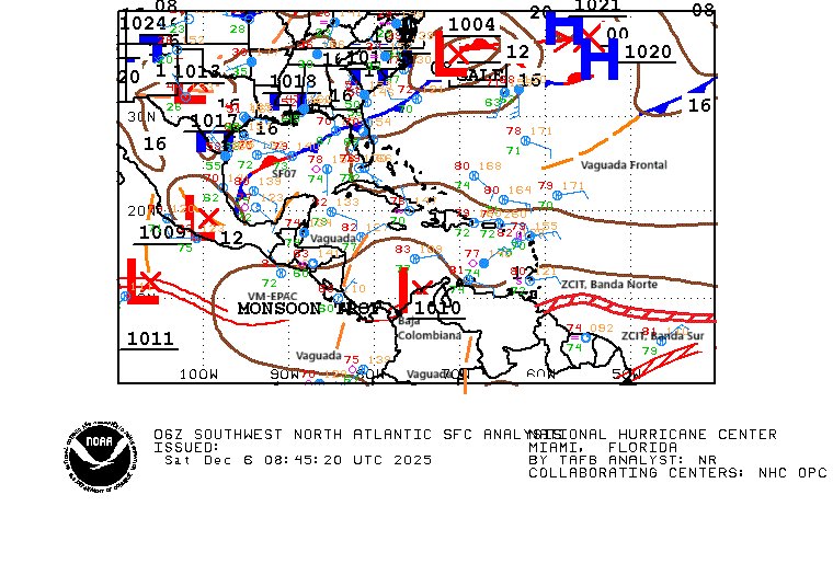 1/2 Rasgos meteorológicos en MDR, a 06z 05DIC25. Vaguada inducida, en aguas al este de Nicaragua. Vaguada, en el Orinoquia y Amazonia Colombianas. Extremo oeste de banda norte ZCIT atlántica, cerca de 09n61w y del extremo norte de la banda sur de ZCIT atlántica, cerca de 01n52w.