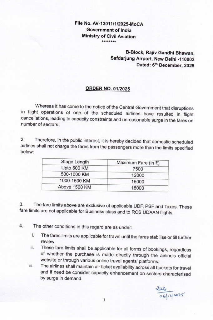 RamMNK's tweet image. Taking note of unreasonable surge in fares due to disruptions in flight operations of Indigo, Ministry of Civil Aviation has directed all airlines to maintain strict adherence to prescribed fare caps.

The airlines shall extend maximum possible support to affected passengers,…