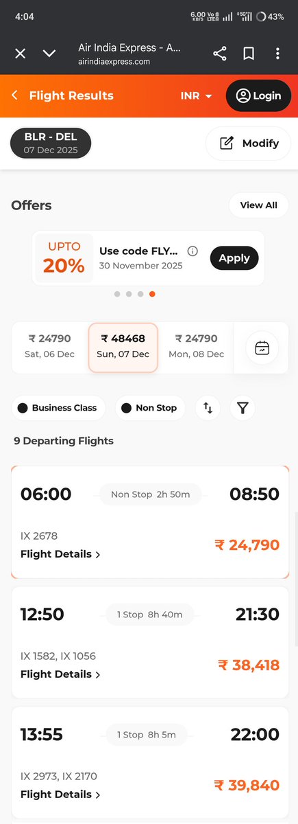 sambitnanda42's tweet photo. @DGCAIndia @RamMNK @MoCA_GoI strictly instructed airlines not to hike prices of tickets but in reality it is something different.
@AkasaAir @AirIndiaX kept the high price for Bangalore Delhi flight on 7th Dec 2025.
 @DGCAIndia Please work on ground reality. https://t.co/l773V1foSv