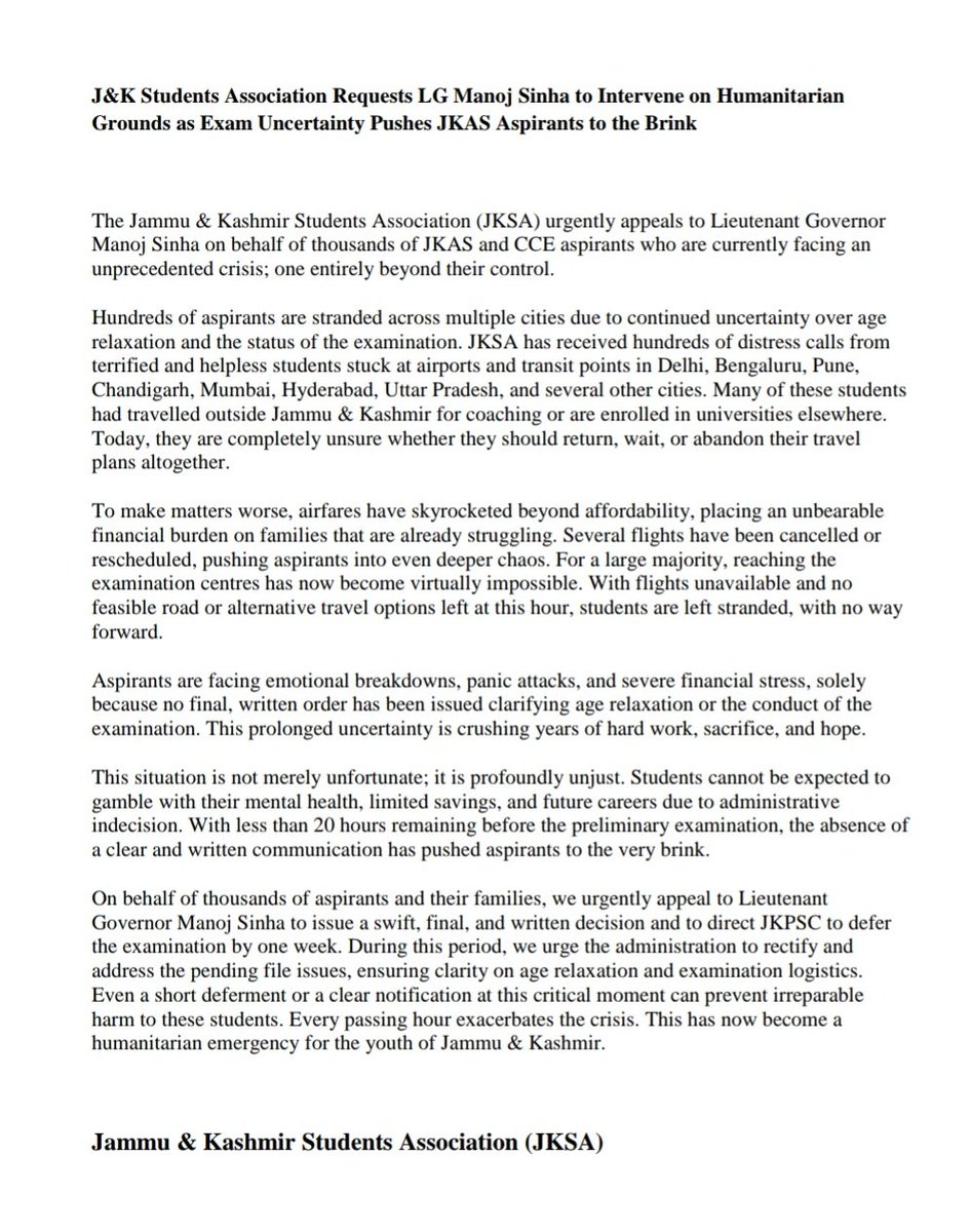 JKSTUDENTSASSO's tweet photo. J&amp;K Students Association Requests LG @manojsinha_ to Intervene on Humanitarian Grounds as Exam Uncertainty Pushes JKAS Aspirants to the Brink

@OfficeOfLGJandK @GreaterKashmir 
@KNSKashmir @ANI @PTI_News @kntnewsagency @RisingKashmir 
@KNO_NEWS @Kashmir_Monitor https://t.co/0rncAlUvde