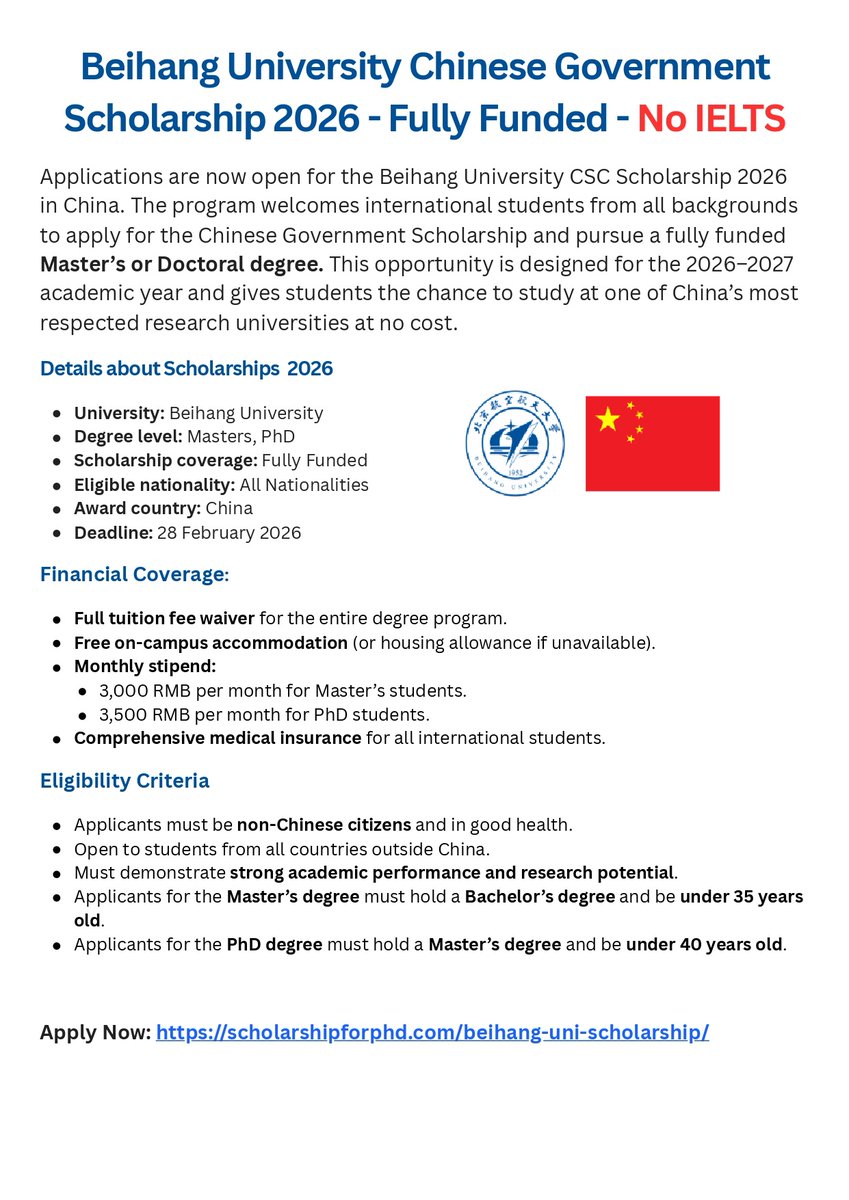 ScholarshipfPhd's tweet image. Beihang University China Chinese Government Scholarship 2026 - Fully Funded ( High Ranked University)

Apply: scholarshipforphd.com/beihang-uni-sc…

Study Level: Master &amp;amp; Ph.D

No Need IELTS

Deadline: 28 Feb 2026