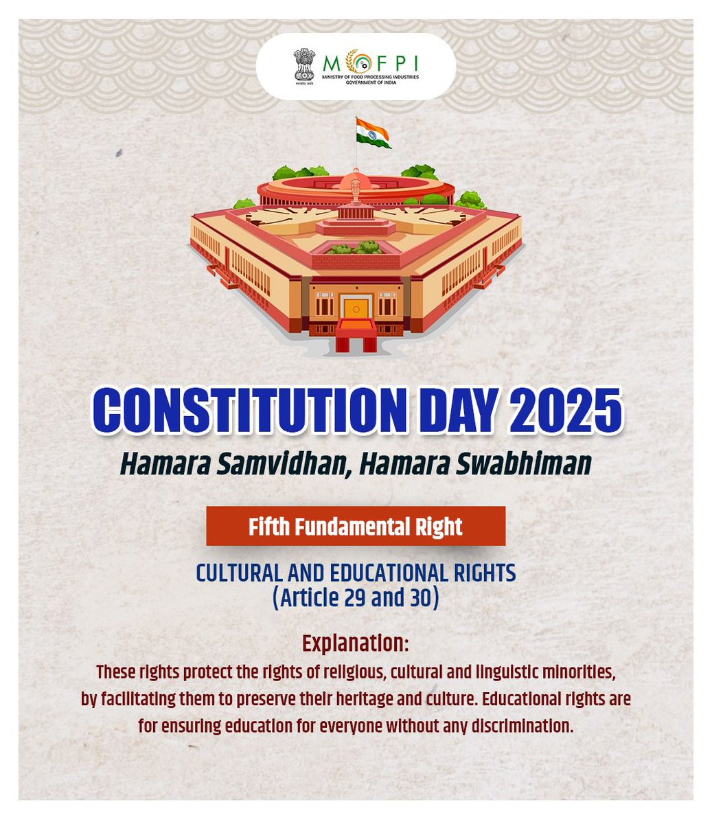 MOFPI_GOI's tweet photo. By protecting our diverse cultures, languages, and traditions, these rights ensure that every community can uphold its identity. They further promote equal access to education, building a stronger and more inclusive society.
#HamaraSamvidhanHamaraSwabhiman #75YearsofConstitution https://t.co/BdNYBzGx6i