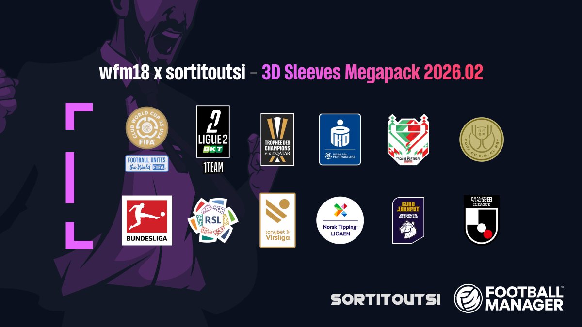 Update time! The wfm18 x <a href="/sortitoutsi/">Sort It Out SI.net</a> 3D Sleeves Megapack just got updated to 2026.02, bringing more sleeve patches for your 3D match engine experience in #FM26. Stay posted for more!

Download 👉 sortitoutsi.net/content/75286/…