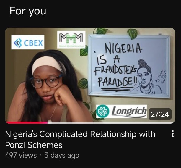 I did a YouTube video on Nigeria's complicated relationship with fraudulent schemes. Key points:

+The origin of the word "Ponzi"
+ Some popular Ponzi schemes (MMM, Racksterli, CBEX)
+ Multi-level marketing companies (Neolife, Oriflame, Forever Living Products etc.)

Watch it! 🫵🏼