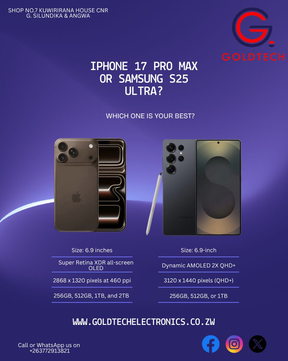 GoldtechZim's tweet photo. 🔵IPHONE 17 PRO MAX or SAMSUNG S25 ULTRA? 

🔵WHICH ONE IS YOUR BEST? 

#GoldtechElectronics making style affordable 👌 https://t.co/8m5pz0vv4j