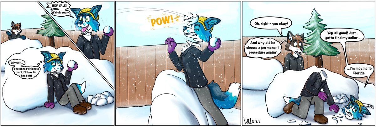 Made this around a month ago now - finally found it appropriate to post given the season!

If you have a detached head held on by a collar, make sure it's secured tight during a snowball fight... and make sure it doesn't blend into the snow easily! Silly Cort...