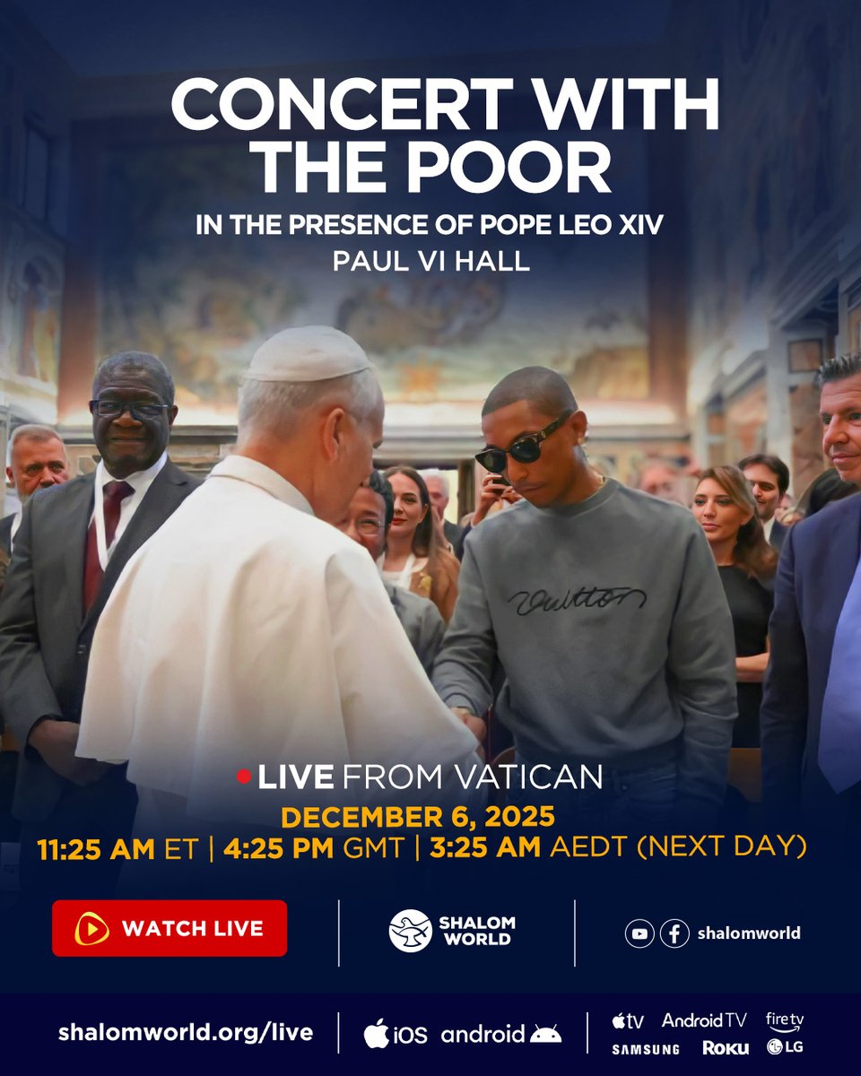 ShalomWorldTV's tweet photo. Join us LIVE from Paul VI Hall, Vatican, for the Concert with the Poor in the Presence of Pope Leo XIV on Shalom World!
#ConcertWithThePoor #PopeLeoXIV #VaticanEvents #MusicForHumanity #ShalomWorldLive https://t.co/zdHi3OJN62