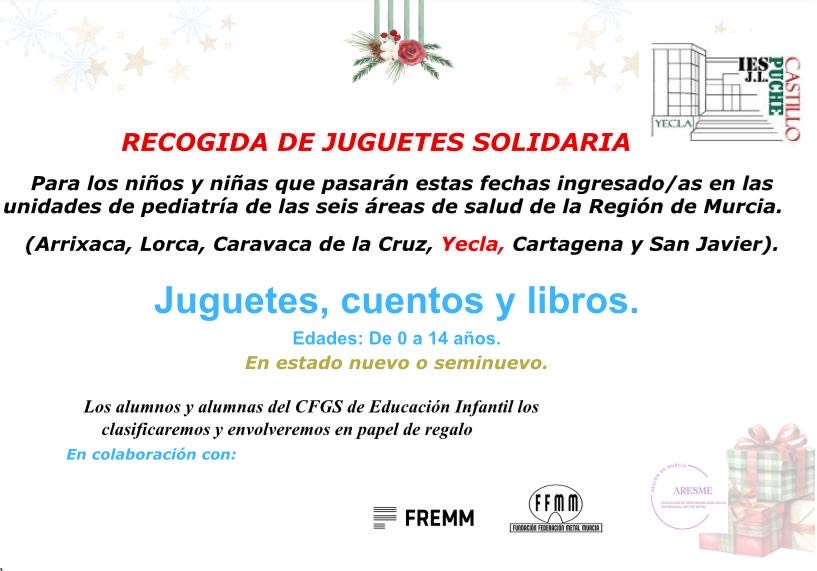 Colabora con la CAMPAÑA DE RECOGIDA DE JUGUETES, LIBROS Y CUENTOS para los niños ingresados en  hospitales de la región, entre ellos, el de Yecla.
Trae juguetes hasta el 19 de diciembre y deposítalos en una caja habilitada en Conserjería.
¡Participa!
#IESJoséLuisCastilloPuche