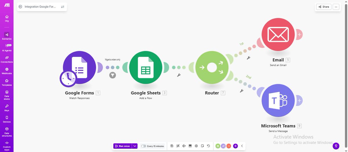 MKingssAI's tweet photo. Built a full workflow today
Google Forms →
Google Sheets →
Auto Email →
Microsoft Teams
Added a Nigeria only filter to route local orders separately.
Faced some setup issues at first 😅 but solved them and everything runs smoothly now.
#MakeAutomation #nocode #buildinpublic https://t.co/PABkbW9riJ