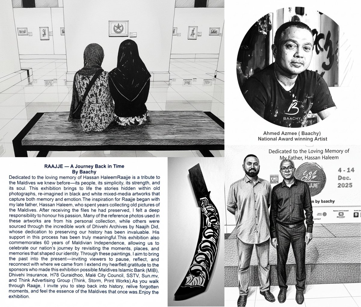 NaajihDidi's tweet photo. The art exhibition RAAJJE - A journey back in time by National Award winning artist Ahmed Azmee @baachy2013 is a beautifully comprehensive showcase that transports us into the Maldivian past through his skillful artistry, presenting remarkably historical scenes. Although most of the drawings in this exhibition are based directly on photographs from before my time, as someone who researches and studies Maldivian history and culture, each drawing evokes deeply nostalgic feelings and is aesthetically pleasing to me. Every piece tells numerous stories related to Maldivian history and culture, enriching the knowledge base of many viewers while revealing the historical and cultural wealth of the Maldivian nation.