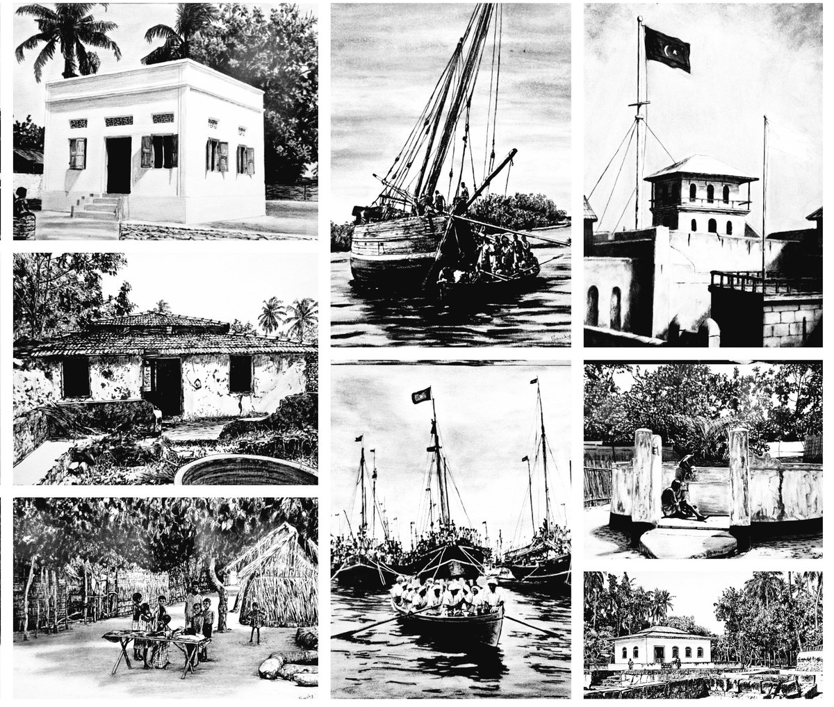 NaajihDidi's tweet photo. The art exhibition RAAJJE - A journey back in time by National Award winning artist Ahmed Azmee @baachy2013 is a beautifully comprehensive showcase that transports us into the Maldivian past through his skillful artistry, presenting remarkably historical scenes. Although most of the drawings in this exhibition are based directly on photographs from before my time, as someone who researches and studies Maldivian history and culture, each drawing evokes deeply nostalgic feelings and is aesthetically pleasing to me. Every piece tells numerous stories related to Maldivian history and culture, enriching the knowledge base of many viewers while revealing the historical and cultural wealth of the Maldivian nation.