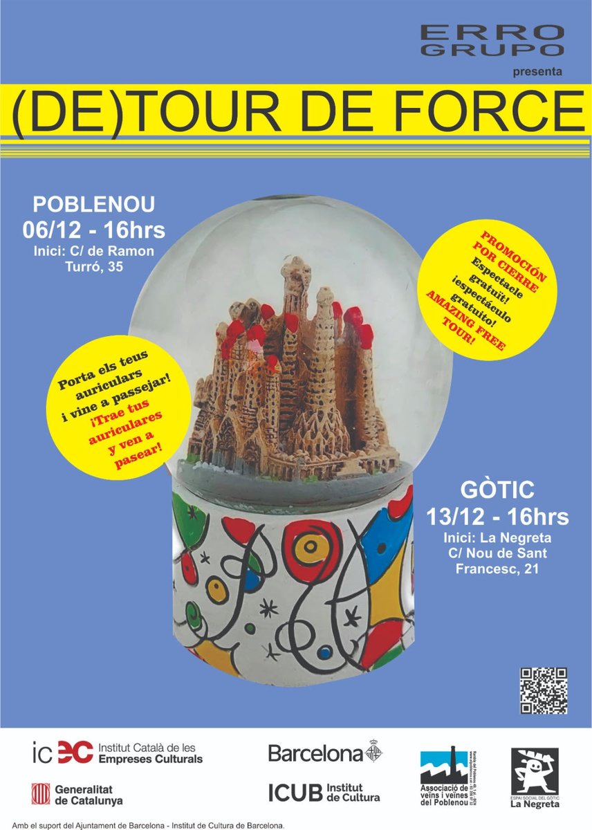 Us convido a passejar amb (DE)TOUR DE FORCE i fer un  recorregut per les tensions entre l'urbanisme i les passions humanes mentre qüestiona si una ciutat sencera pot tornar-se un espectacle turístic. POBLENOU - DISSABTE 06/12  GÒTIC - DISSABTE 13/12, sempre a les 16h. <a href="/ERROGrupo/">ERRO Grupo</a>