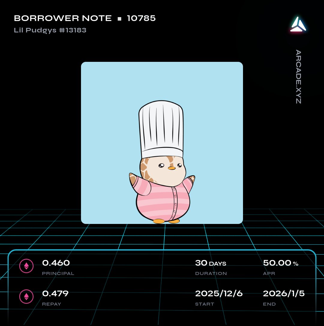 ArcadeAlert's tweet image. 🚨 Arcade.xyz NFT Loan Alert 🚨

New Loan Started on Lil Pudgys #13183

@Arcade_xyz - app.arcade.xyz/terms/loan/0x8…