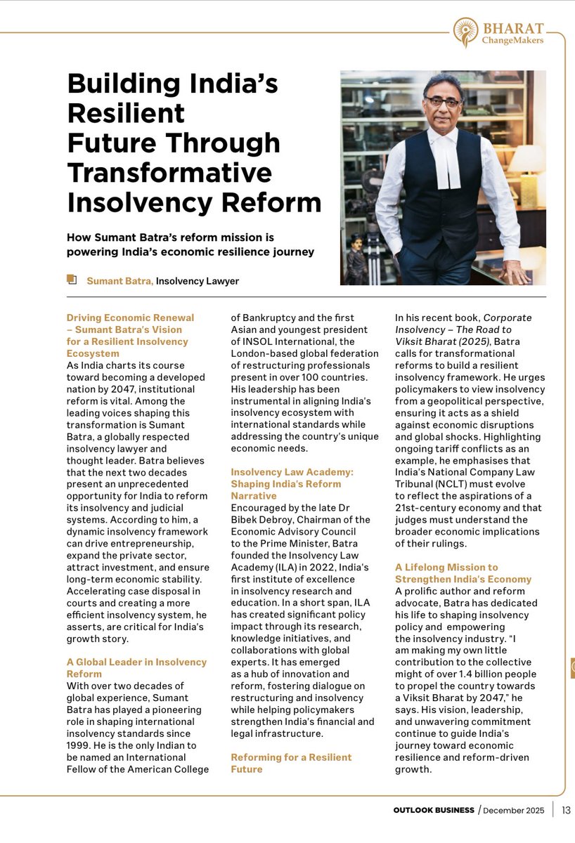 Delighted to be recognised as one of the ‘Change Makers Refining Bharat’s Growth Story’ through transformative insolvency thought leadership, alongside many legends. It is humbling to see Insolvency Law Academy’s work on insolvency reforms receiving recognition as part of India’s