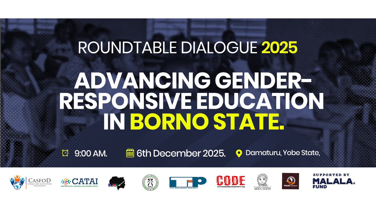 scaadinitiative's tweet photo. We are pleased to organize a high-level Roundtable Dialogue on Advancing Gender-Responsive Education, Transparency, and Accountability in Borno State, supported by the Malala Fund in partnership with ECN members.

#GirlChildEducation #GenderResponsiveEducation https://t.co/6ScrcCS8m0