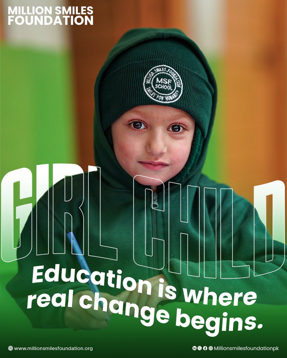 MSfoundationPK's tweet photo. Education is where real change begins and every "Girl Child" deserves that beginning.
Together, we can EDUCATE.
Together, we can ignite REAL CHANGE.
#MillionSmilesFoundation #MSFschools #GirlChildEducation #EducationForAll #EmpowerHer #SmilesForHumanity https://t.co/AxLTUNMJKn
