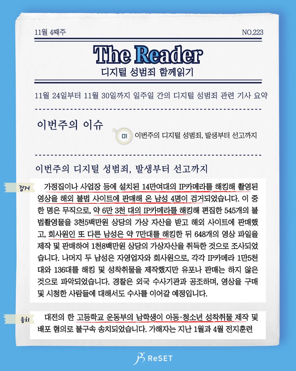 ProjReSET's tweet photo. 더리더 223주차입니다.
약 14만대의 IP카메라를 해킹해 영상을 해외 불법 사이트에 판매해 온 남성 4명이 검거되었습니다. 한편 디지털 성범죄 가해자들이 "가정불화와 가족의 건강 악화", "혼자 기숙사에서 지내게 되는 급격한 환경 변화로 인한 어이없는 잘못" 등을 선처사유로 주장했습니다. https://t.co/RJOZSfAuUB