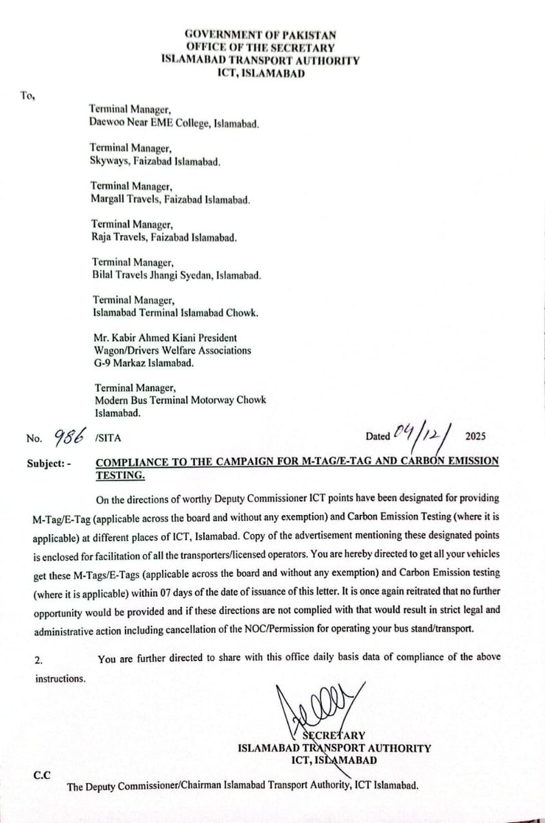 dcislamabad's tweet image. 7 روز میں ایم ٹیگ اور وہیکل امیشن ٹیسٹنگ نہ کروانے کی صورت میں بس ٹرمینلز کے این او سی منسوخ اور گاڑیاں تھانے منتقل ہونگی، اڈا مینجر یومیہ رپورٹ جمع کروانے کے پابند ہونگے، اسلام آباد ٹرانسپورٹ اتھارٹی کی جانب سے اسلام آباد کے تمام بس ٹرمینلز کو احکامات جاری کر دئیے گئے۔۔۔