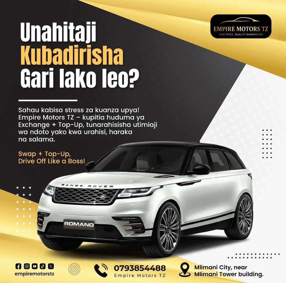NAOMBENI RETWEET WAKUU
Wakuu kama unahitaji kununua,kuagiza,kuuza gari la ndoto yako wacheki hawa jamaa
<a href="/empiremotorstz/">Empire Motors TZ</a>