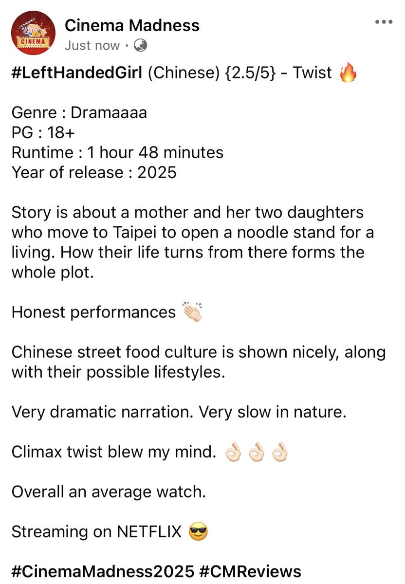 CinemaMadness24's tweet image. #LeftHandedGirl (Chinese) {2.5/5} - Twist 🔥

@netflix #CMReviews