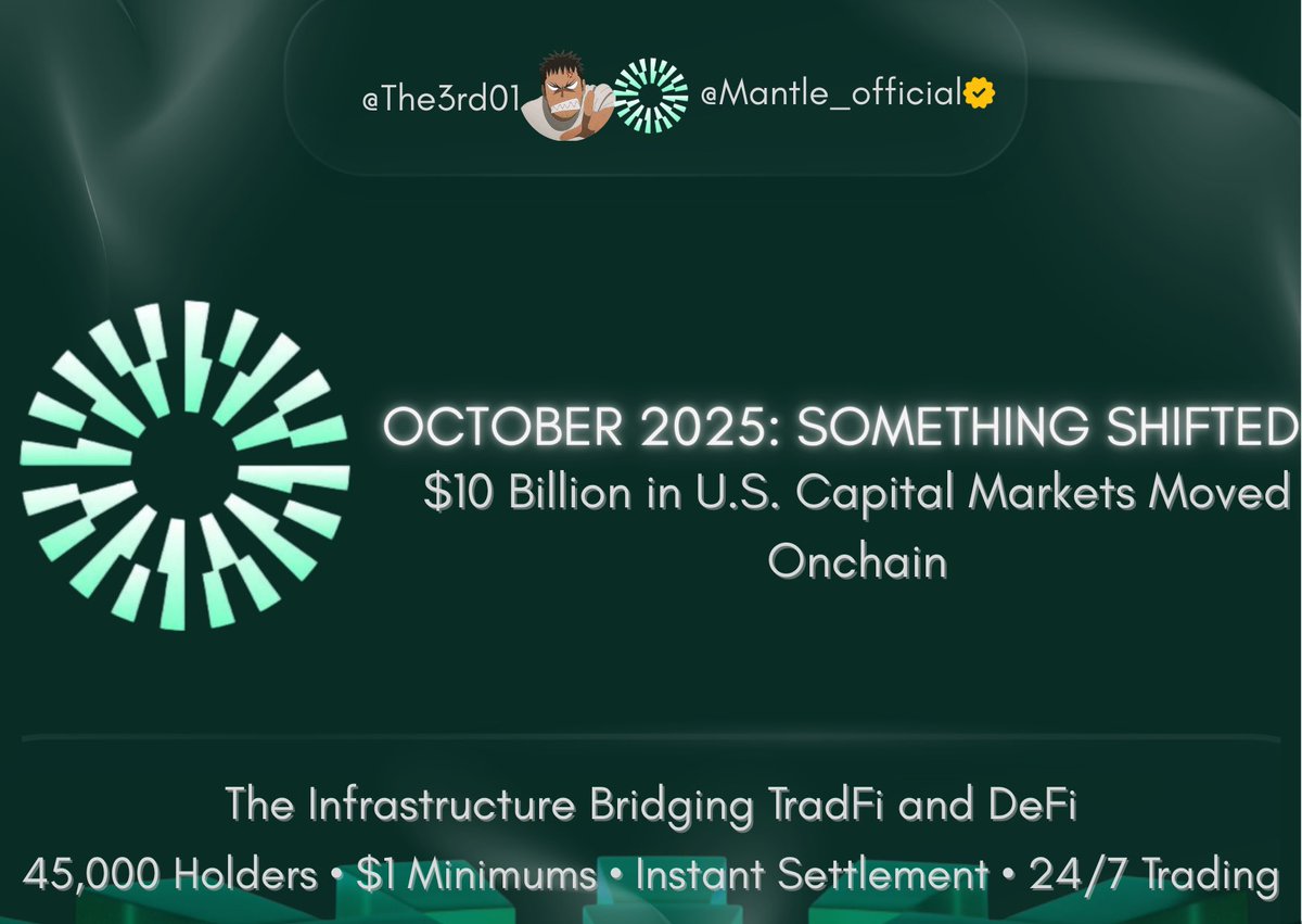 The3rd01's tweet image. In October 2025 something shifted

Mantle processed $10 billion in tokenized stock trades, and suddenly the idea of bringing the U.S. Capital Markets onchain didn't feel experimental anymore.

Over 45,000 people are now trading Nvidia, Apple, and Tesla shares with $1 minimums and…