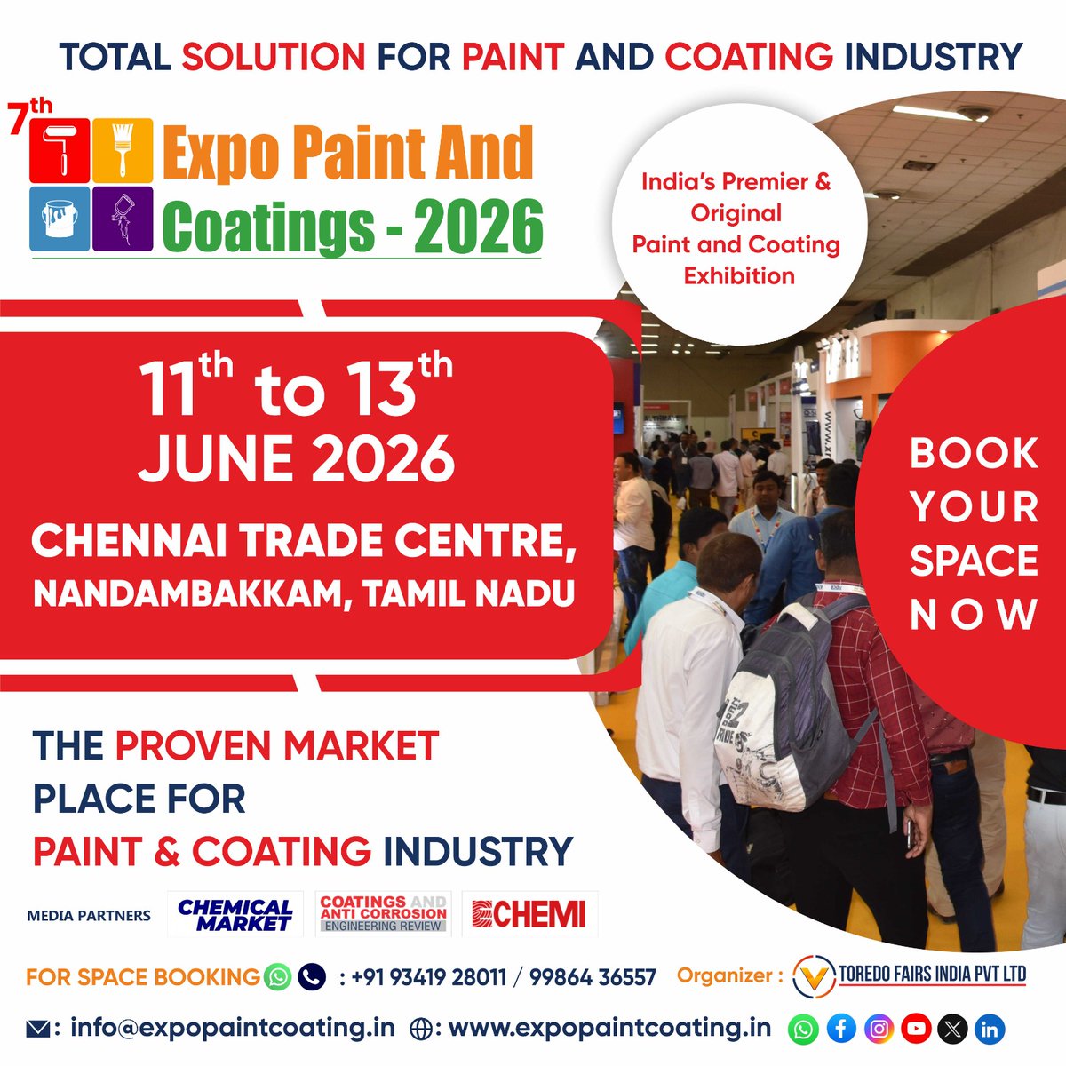 Join us at the 7th Expo Paint &amp; Coatings 2026-India’s leading showcase for paint, coating, surface technology &amp; raw materials.
Chennai Trade Centre, Tamil Nadu
June 11–13, 2026
#PaintExpo2026 #CoatingsExpoIndia #SurfaceInnovation #SmartFinishes #ChennaiEvents #epc2026 #surfentech