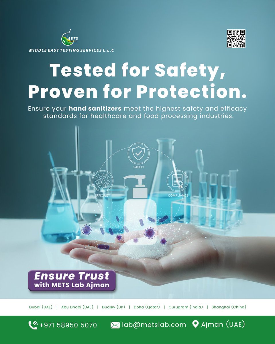 MetsLab_'s tweet photo. Hand sanitizer safety starts with certified testing.
METS Lab Ajman delivers efficacy, safety &amp; compliance validation for trusted market-ready products.

📞 +971 58950 5070 | 📩 lab@metslab.com | 📍 Ajman, UAE

#METS #ProductTesting #UAE #Compliance #SafetyTesting https://t.co/L30X0EwJ7T