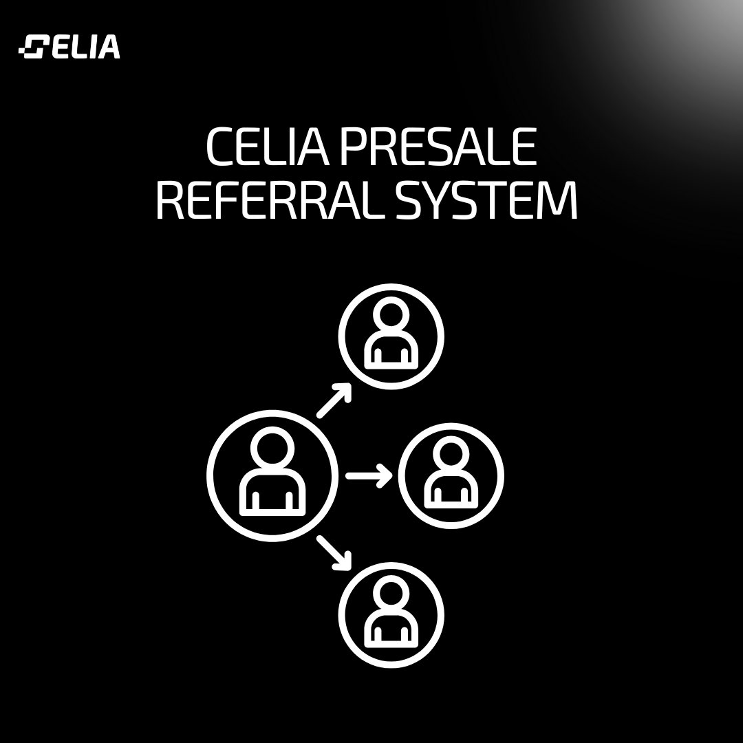 CELIA Presale Referral System: 

- Referrer Reward: 5% of purchase amount in CELIA 

- Referee Bonus: 5% bonus tokens for using referral

Example Flow:
1) Jack shares his referral code to Bob
2) Bob buys $100 worth using Jack referral code
3) Bob receives: 500 CELIA + 5% bonus =